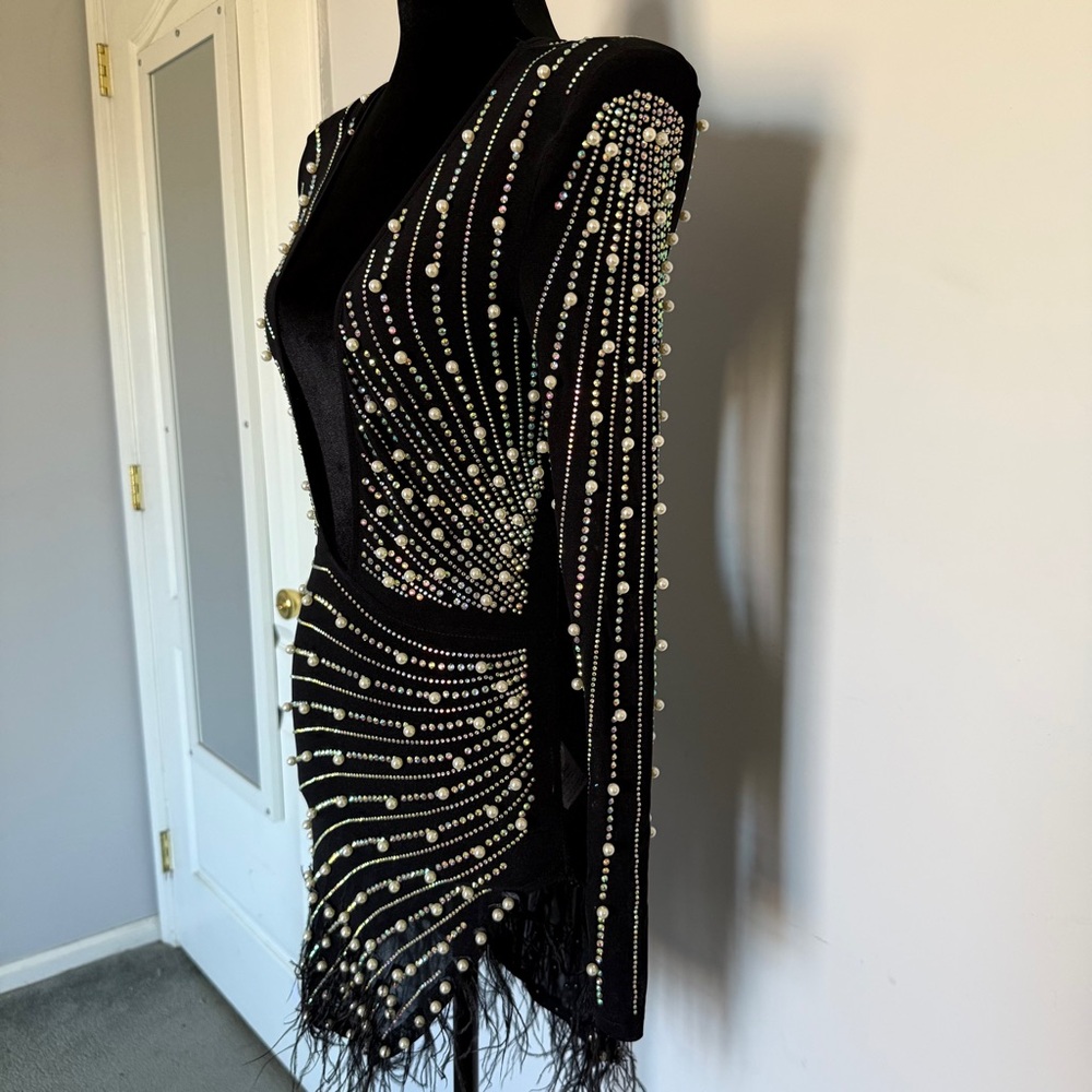 Black Embellished Deep V Mini Dress - Picture 7 of 14